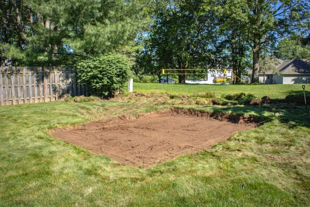 Shed spot in yard, exposed dirt rectangle for Site Prep