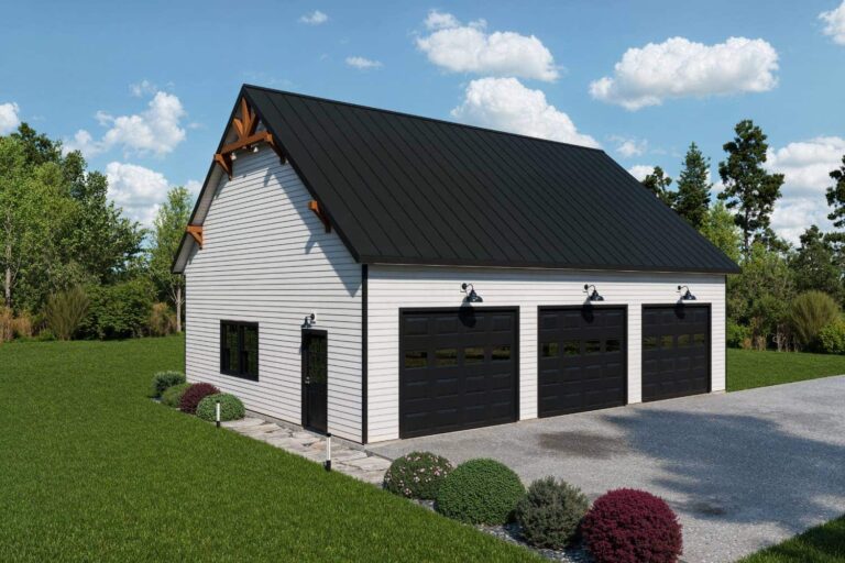 Elite series garage in white with three brown garage doors with black roof and lights on driveway