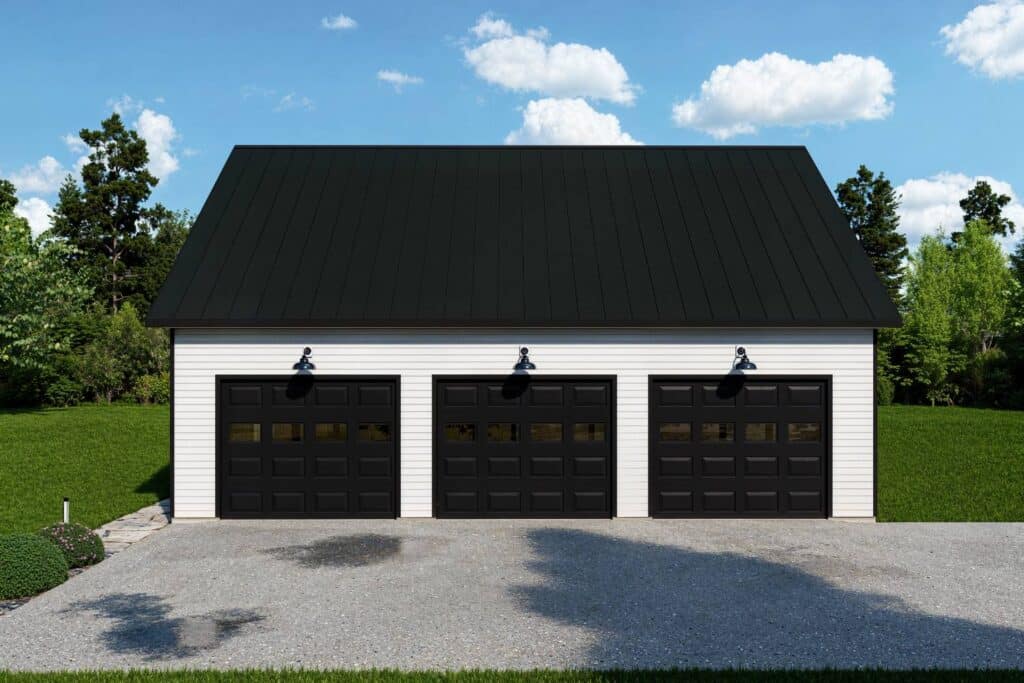 Elite series garage in white with three brown garage doors with black roof and lights on driveway