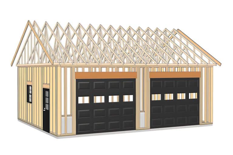 Pro series wooden frame garage with two garage doors and side door and window