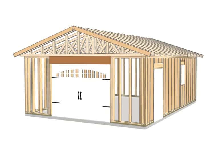 Wooden frame of value series garage with white garage door