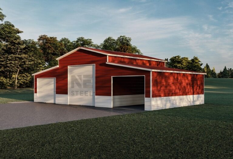 Beige steel agricultural barn with white trim and two large roll-up garage doors.